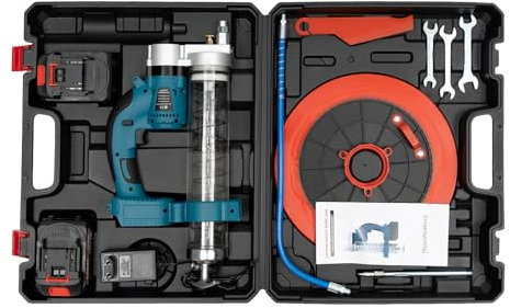Akku-Fettpresse 21V 560W Fettpresse Batteriebetrieben 6000psi 23000r/min Elektrische Fettpresse für landwirtschaftliche Maschinen Schiffe LKWs (2 Batterien und 1-Ladegerät)