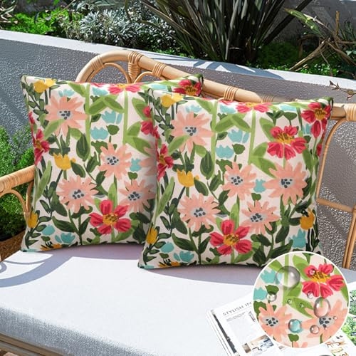 Aisybaklyn Fundas de cojín de 45 x 45 cm, para exteriores, impermeables, decorativas, para bancos, primavera, exteriores, verano, cojines decorativos, diseño de flores, juego de 2 unidades