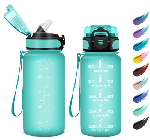 KollyKolla Borraccia 500ml, Borraccia Sportiva a Prova di Perdite, Facile da Aprire, con Cannuccia, Bottiglia Acqua Motivazionale con Indicatore del Tempo, per Campeggio, Ciclismo, Scuola