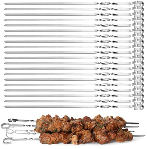 Lot de 20 brochettes en acier inoxydable pour barbecue - 39 cm - Avec sac en nylon portable - Pour ustensiles de barbecue Mangal, accessoires de barbecue, brochettes, kewers, kebap