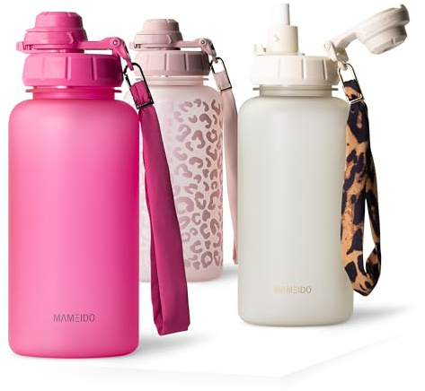 MAMEIDO Botella con pajita y marcador de tiempo 1 l (Glow Couture) | antigoteo, sin BPA, con tapa deportiva 2 en 1, pajita y asa de transporte, botella agua niños para el deporte y el colegio