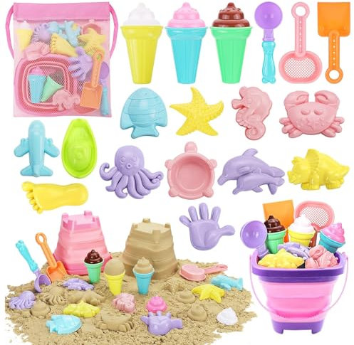 Sandspielzeug Strandspielzeug Kinder,20 PCS Sandkasten Spielzeug Kinder mit Faltbarer Eimer,Sandförmchen,Sandschaufel,Tasche,Reise Sand Spielzeug Set,Gartenspielzeug ab 2 3 4 5 Jahre Mädchen Junge