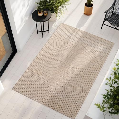 Teppium Teppich Wohnzimmer, Schlafzimmer, Wintergarten, Kurzflor Beige, Hoch-Tief-Effekt, weich & waschbar, Outdoor geeignet, pflegeleicht, 160x230 cm