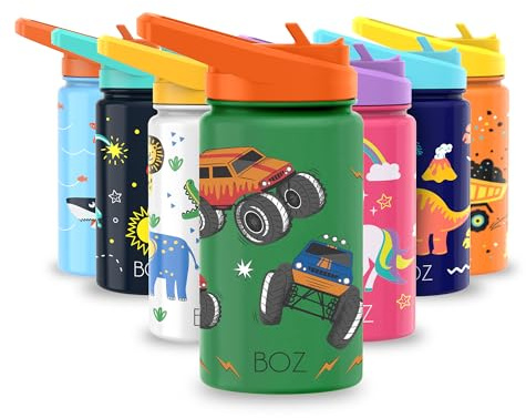BOZ Barnflaska med sugrör och lock, isolerad vattenflaska i rostfritt stål för skola och sport, diskmaskinssäker, läckagesäker och spillsäker, BPA-fri, 414 ml (monstertruck)