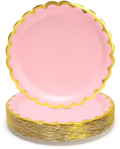 PARTY GO 50 Stück 9 23cm Rosa gewellte Rand heiße Prägung Papier Teller Set für Abendessen und Dessert Groß für Graduierungen, Feiertage, Hochzeiten, Geburtstagsfeiern, Baby Dusche Dekorationen