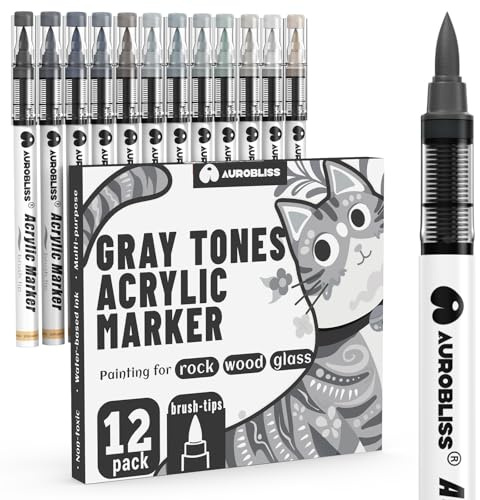 Aurobliss Dark & Light Grey Marker Pen Permanent, 12pcs Gray Tones Acrylic Paint Pens for Rock Painting, Glass, Wood, Metal, Canvas Deco Acrylic Pen Brush Tip