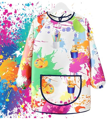 OUDQFCJ Bata de Pintura Impermeable para Niños con Mangas Largas y Bolsillos para Escuela Arte Delantal Infantil para Niños y Niñas (7-12 Años)