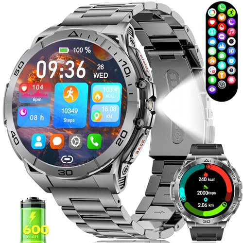SUNKTA Montre Connectée Homme avec Illumination, Batterie 600 mAh, Appel Bluetooth, Analyse Santé, 1,6 AMOLED Écran/Appels/LED Lampe, 110+Modes Sport,pour Android/iOS (Noire)