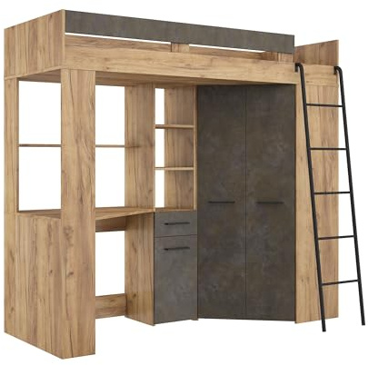 FurnitureByJDM Hochbett mit Schreibtisch und Schrank | Kinderbett 80x200 cm mit Stauraum – Jugendzimmer Komplett Set– Platzsparendes FLOOR(Craft Gold Granada Braun,Rechte Leiter)