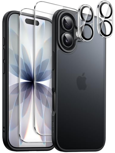 JETech 5 in 1 Matte Case for iPhone 17 6.3-Inch with 2-Pack Each Tempered Glass Screen Protector and Camera Lens Protector, Translucent Back Shockproof Phone Cover (Black)