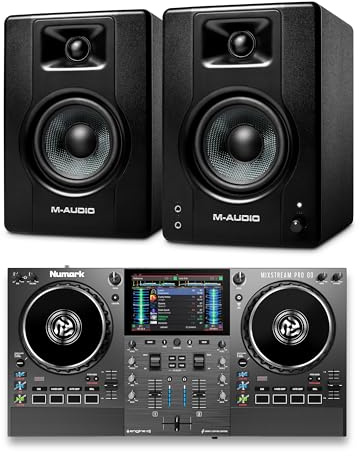 Numark Mixstream Pro Go DJ Controller and M-AUDIO BX4 Pair Studio Monitors for Studio Recording, Music Production, Podcasting, Streaming