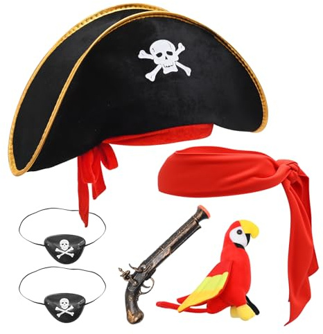 MDEOOSKY 6Pcs Pirate Costume Set, Black Eye Patch Headband Skeleton Captain Hat Standing Shoulder Parrot Pirate Gun, for Plays Costume Party Halloween Party