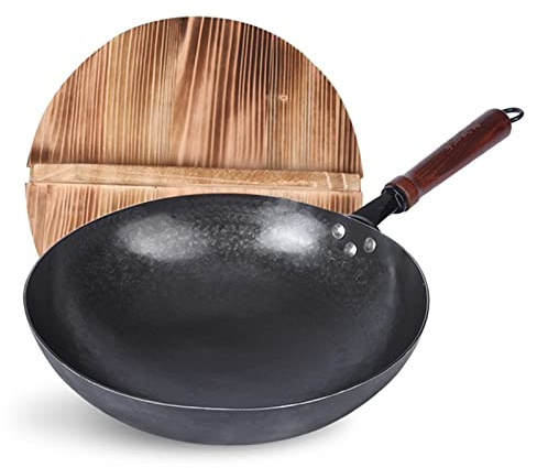 YHEIANJ Wok en Fonte - Woks et poêles à Sauter Traditionnels Chinois en Fonte martelée à la Main avec Couvercle en Bois, Fond Rond antiadhésif, sans revêtement, Moins d'huile, 34,36cm