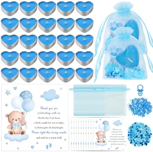 Defresit 50 Sets Baby Shower Favors Tea Light Candles for Guest Cute Boy Baby Shower Party Favors Gifts with Thank Cards Gender Reveal Party Favors,Blue