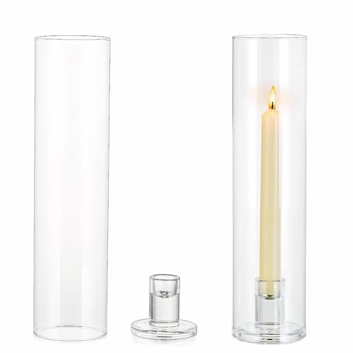 Hurricane Candle Holder,Set of 2 Clear Glass Candle Holder for Taper Candles Sticks,30 cm Tall Candles Holders with Windproof Cylinder Shade Cover for Party Event Home Decor Outdoor