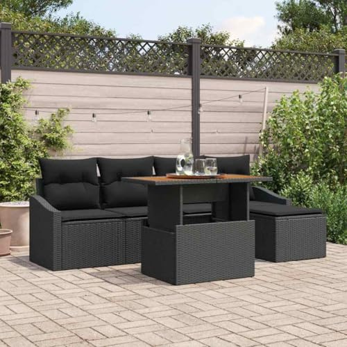 Hoopleep Garten Essgruppe mit Kissen, 6-teiliges Loungeset Schwarz Braun, Poly Rattan Akazienholz, Modulares Sofa für Terrasse, Balkon, Außenbereich