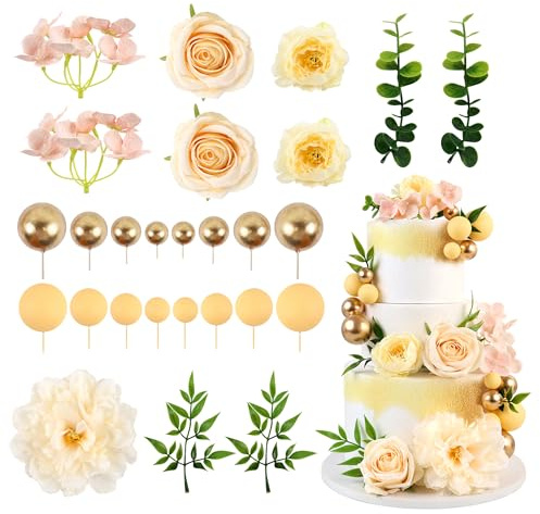 Blumomon Artificial Flowers Fake Flowers Cake Topper Yellow Balls and Gold Balls DIY Cake Decoration Birthday Party Baby Shower Be Engaged Party Decorations Supplie