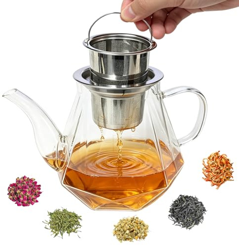 1000ML/33OZ Glass Teapot with Removable Infuser, Tea Pot Infusers for Loose Tea，Tea Infuser Teapot Stovetop Safe,Blooming and Loose Leaf Tea Maker