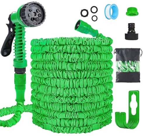 Expandable Garden Hose Pipe 15m/50ft, Heavy Duty Flexible with 7-Function Spray Gun, 3/4 1/2 Fittings, Double Layer Latex Core Hosepipe, Durable & Anti-Leak Kink Free (Green)
