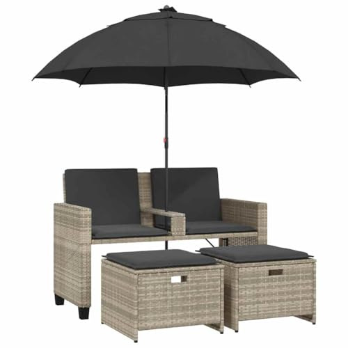 Mhdvray Gartensofa 2-Sitzer mit Sonnenschirm und Hockern 120 x 61 x 80 cm Hellgrau Polyrattan loungesofa Outdoor klein platzsparend für Balkon Terrasse und Garten
