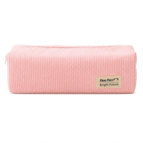 JILLICK Soft Corduroy Pencil Case with Smooth Metal Zip - Durable Fabric Organiser Pouch for Stationery Makeup Travel Essentials Girls Students & School Supplies Spacious Wash Bag (Pink)
