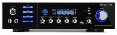 Fenton AV320BT - Amplificatore Surround HiFi, Amplificatore PA Home Cinema Karaoke, Potenza: 2x100 Watt RMS (8 Ohm), Impedenza: 4/8 Ohm, Bluetooth, USB, Display Digitale, Eco/Bass/Treble, Nero