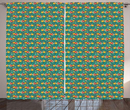 ABAKUHAUS Sommer Rustikaler Gardine, Apfelbaum-Frucht-Blätter Kunst, Schlafzimmer Kräuselband Vorhang mit Schlaufen und Haken, 280 x 225 cm, Türkis und Multicolor