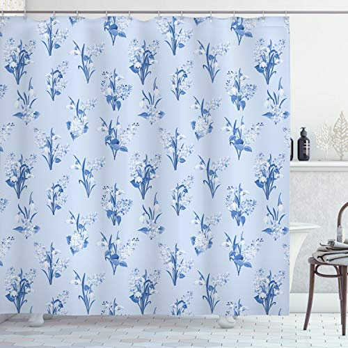 Ambesonne Floral Shower Curtain, Rhythmic Delicate Wild Flower Bundle Spring Theme in Cold Pastel Tones, Cloth Fabric Bathroom Decor Set with Hooks, 69 W x 84 L, Pale Blue Ceil Blue