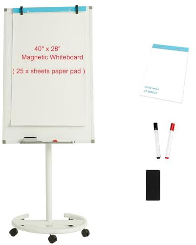 BIBOC Mobile Dry Erase Board – 40x28 inches Magnetic Portable Whiteboard Stand Adjustable Easel White Board Flipchart Easel Board with 25 Sheets Paper Pad 1 Eraser, 2Markers