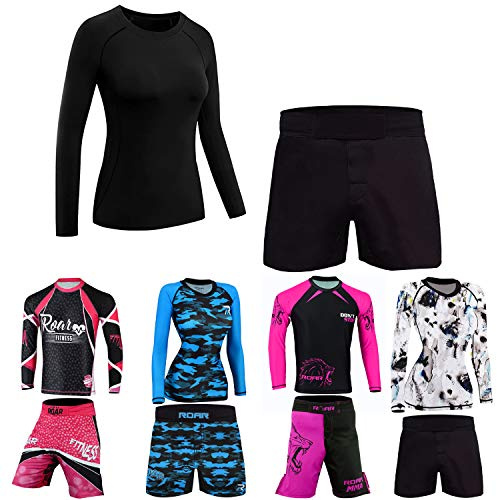 ROAR No Gi Full Set Ladies Sports Bra BJJ Leggings MMA Shorts & Grappling Rash Guard Female Fight Wear (Only For Ladies) (Black-2PCS-Set, Large)