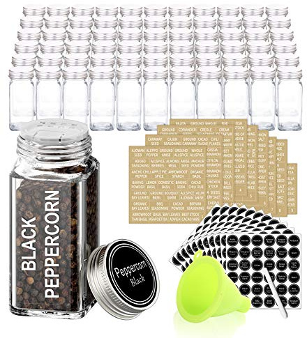 SWOMMOLY 66 Glass Spice Jars with 703 Spice Labels, Chalk Marker and Funnel Complete Set. 66 Square Glass Jars 4oz, Airtight Cap, Pour/sift Shaker Lid