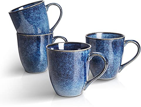 vicrays kaffeebecher porzellan 4er Set, 350 ml Becher mit henkel für Heißgetränke, Porzellan-Tasse für Spülmaschine & Mikrowelle geeignet (Blau)