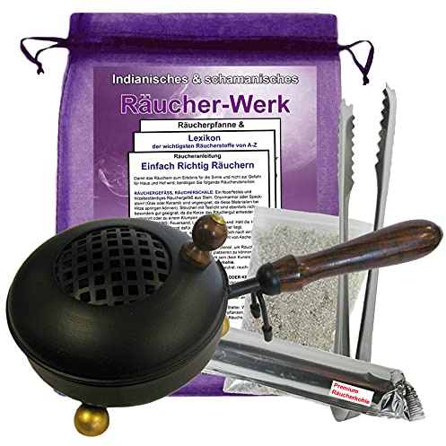RÄUCHERPFANNE & WEIHRAUCHBRENNER 26cm mit Griff 8-tlg SET zum AUSRÄUCHERN für Räucherwerk, Räuchergefäß, Räucherschale, Räucherstövchen & Räucherstäbchenhalter in EINEM mit ZUBEHÖR. 3164G-Z