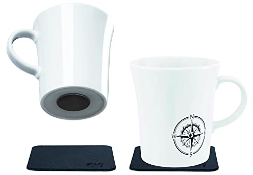 silwy® Porzellan Magnet-Henkel-Tassen REISELUST (2er Set) inkl. zwei Metall-Nano-Gel-Pads BLACK - rutschfeste Camping- und Caravaningtassen, Boot- und Yachtzubehör