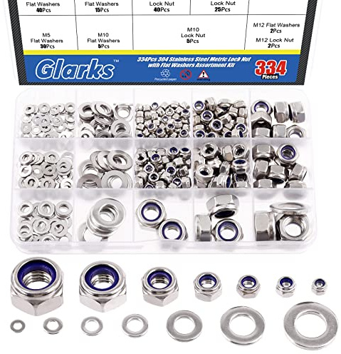 Glarks Juego de 334 tuercas de bloqueo hexagonales de nailon de acero inoxidable 304 y arandelas planas, tamaños métricos M3, M4, M5, M6, M8, M10, M12, tuercas de bloqueo hexagonales y arandelas