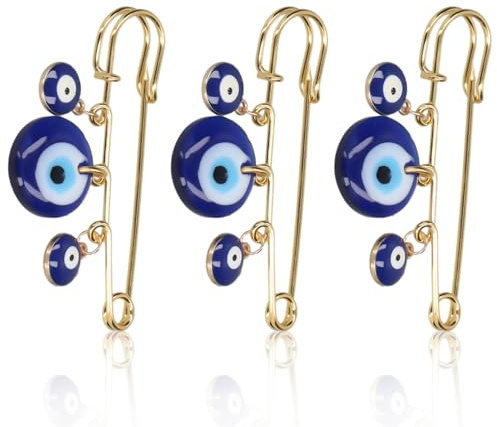 Cyrank 3 Stück Evil Eye Sicherheitsnadeln, Türkei Evil Eye Pin, Evil Eye Brosche, Broschen Für Damen, Blue Eye Anhänger Golden Pin Für Damen Mode Kleidung Dekoration Accessoires Pullover Schal Clips