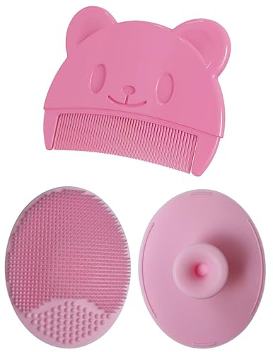 Brosse de bain pour bébé, brosse pour le cuir chevelu du bébé, brosse de massage en silicone, peigne pour bébé, peigne pour enfants (3 pièces) (Rose)
