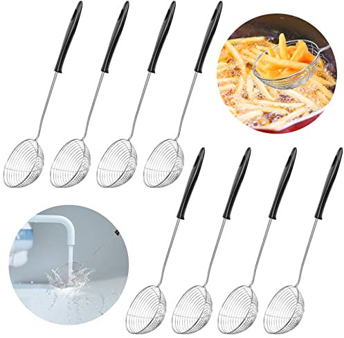 8 Set Küchensieb Set Edelstahl mit Griffen Feinmaschig Schöpflöffel Schaumlöffel Abseihlöffel Kescher für Fondue Sieb Siebkelle Sieblöffel für Garen von Gemüse Pilzen Fleisch Fisch (Schwarzer Griff)