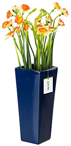 Blomvas av keramik, mörkblå, glans, H 25 cm, dekorativ bordsvas, fyrkant, blommor, dekoration, orkidé, modern glamour