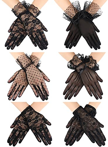 Geyoga 6 Pairs Women Lace Gloves Wedding Tea Party Gloves Elegant Short Novelty Floral Accessories for Funeral Christmas(Black)
