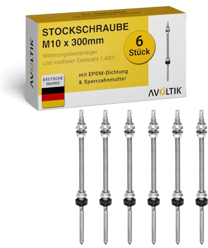 Avoltik Stockschrauben Edelstahl M10 x 300 mm ohne Adapterblech I 6 Stück I wetterfeste M10 Stockschrauben mit Dichtung & Sperrzahnmutter