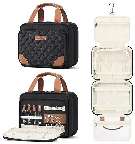 Reise-Kulturtasche für Frauen mit Haken zum Aufhängen, extra große Reise-Make-up-Tasche Organizer mit Abnehmbarer transparenter Tasche, geeignet für Toilettenartikel in voller Größe, Schwarz (mit