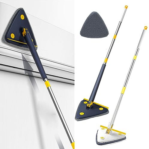 Hooha Wischmopp Dreieck Fensterwischer Mit Auswringfunktion, 360°DrehbarerTelescope Stange 127cm mit Abzieher und 2 Mikrofaserbezug (Weiß) für für Fenster/Glas/Boden/Badezimmer