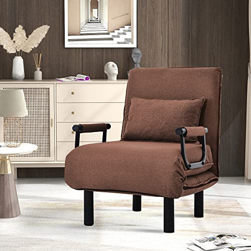 Schlafsessel Schlafsofa, klappbarer Sofasessel mit Kissen, Umwandelbarer Schlafsofa-Schlafsessel, Sofabett mit Metallrahmen bis 150 kg belastbar, modernes Design,Brown