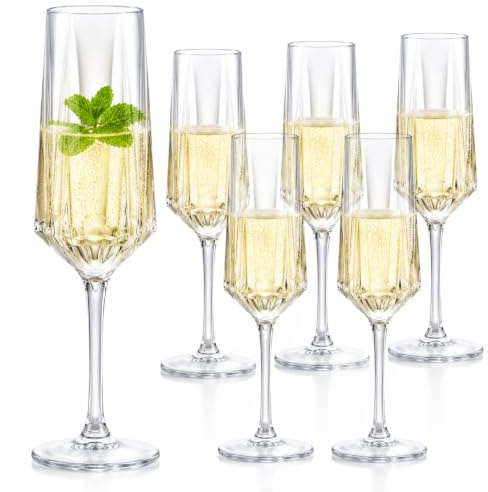 Cididu Set of 6 Elegant Champagne Flutes, Acrylic Clear Faceted Wine Glasses 6oz, Unbreakable Stemmed Champagne Glasses for Bride Groom Christmas Thanksgiving Birthday Toasting