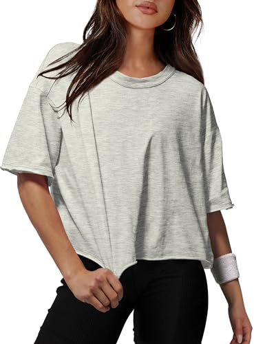 XIEERDUO Women Oversized Short Sleeve Cropped Tops Round Neck Drop Shoulder Crop Tops Grey Summer Tees S