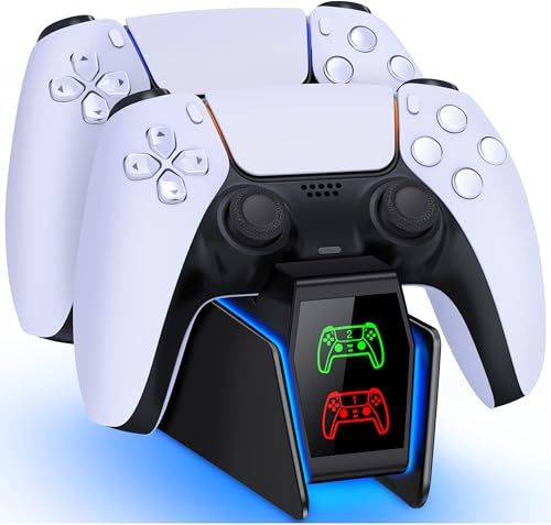 HELLCOOL PS5 Controller Ladestation, PS5 Ladestation für Dualsense Wireless/Edge Controller, Ladestation für PlayStation 5 Controller, Ladestation PS5 Zubehör mit 2-3 Std Schnelllade/Cooles RGB Licht