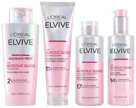 L'Oréal Paris Elvive Glycolic Gloss Shampoo, Conditioner and Rinse-Off Treatment Set for Dull Porous Hair, Get The Shiniest Hair of Your Life, Glossing Routine for Mirror-Like Shine