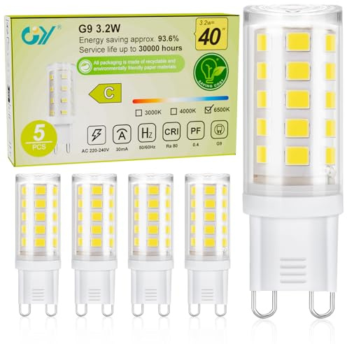 GY G9 LED Lampe Warmweiss 6500K,Kaltweiß LED Leuchtmittel 3.2W Entspricht 40W lampe,G9 Glühbirne 520 Lumen, Kein Flackern, Nicht Dimmbar,Enegiesparende Kleine Birne,5er Set