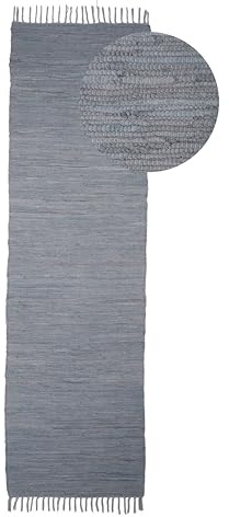 carpetfine Flickenteppich Kelim Chindi Uni Läufer Hellgrau 80x300 cm, handgewebt | Fleckerlteppich aus Baumwolle für Wohnzimmermit Fransen